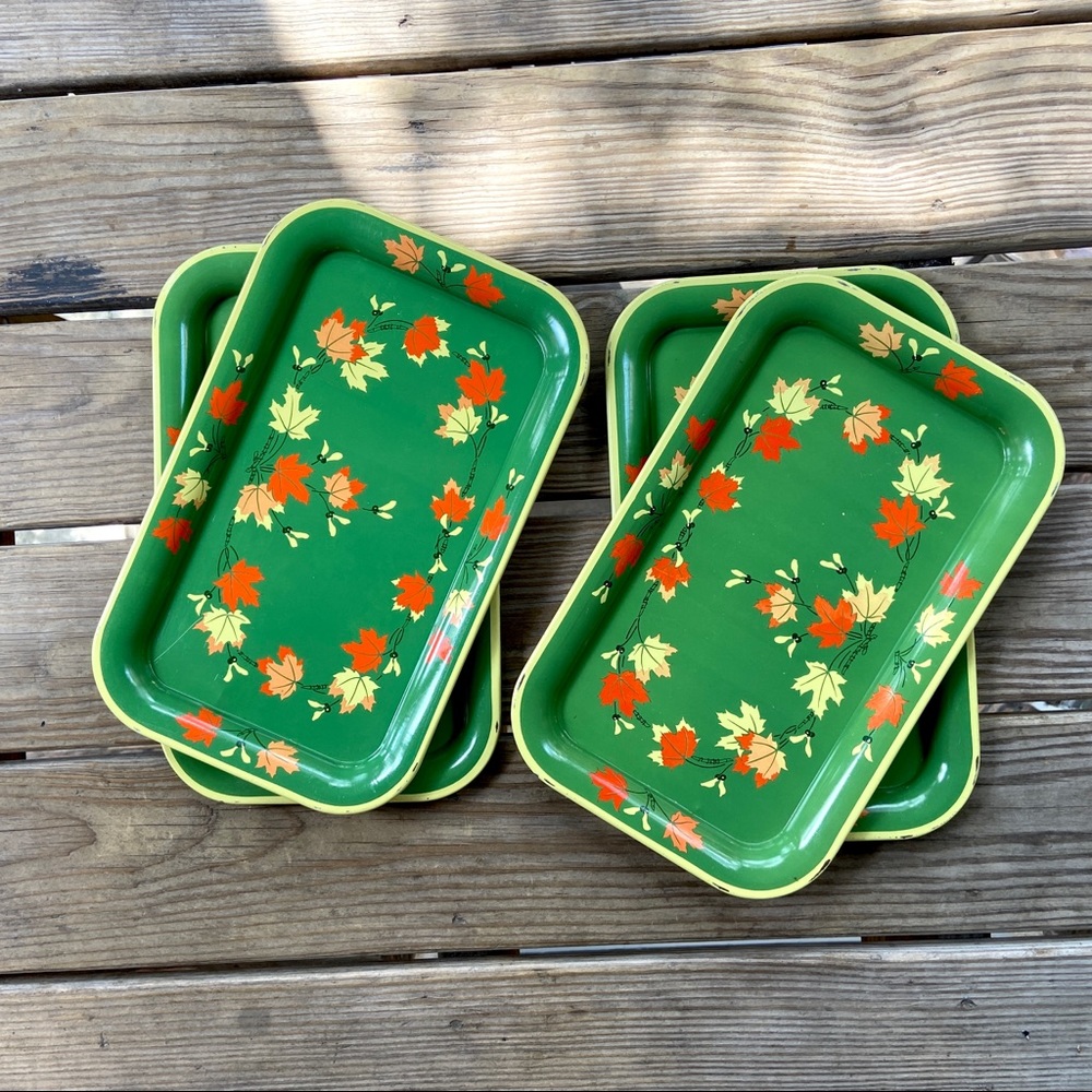Vintage Serving Lap Tray Set Green Metal x 4